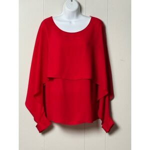 DKNY Women's Red Layered Cape Sleeve Blouse Round Neck Top Size XL